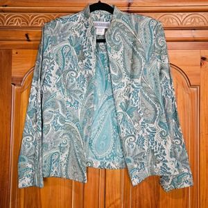 Vintage Jessica Howard Tapestry Blue Paisley Open Jacket w/ Shoulder Pads Size 8